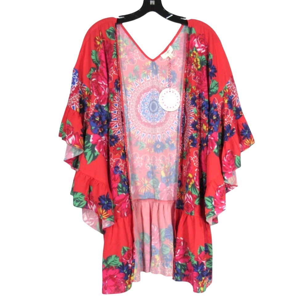 NWT UMGEE Red/Multi FLORAL Ruffle Bell Sleeves OPEN FRONT Kimono/Cardigan M/L